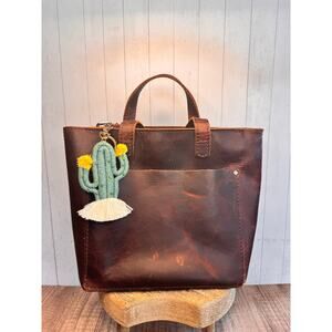 Beaded Cactus Macrame Keychain Purse Charm Boho Green Keychain Yellow Pom Charm